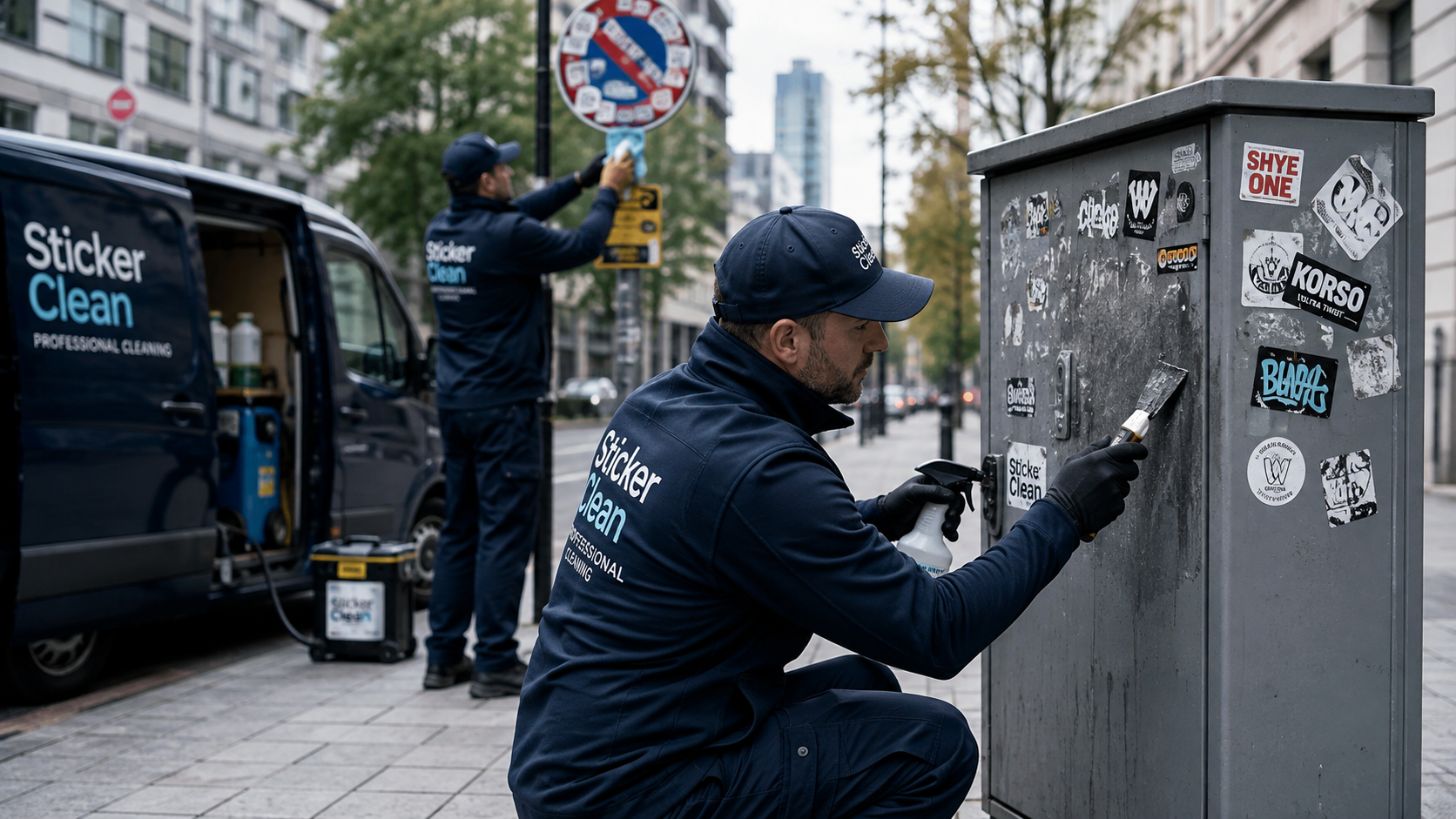 Gebäudereiniger entfernt Sticker an einer Glasfassade