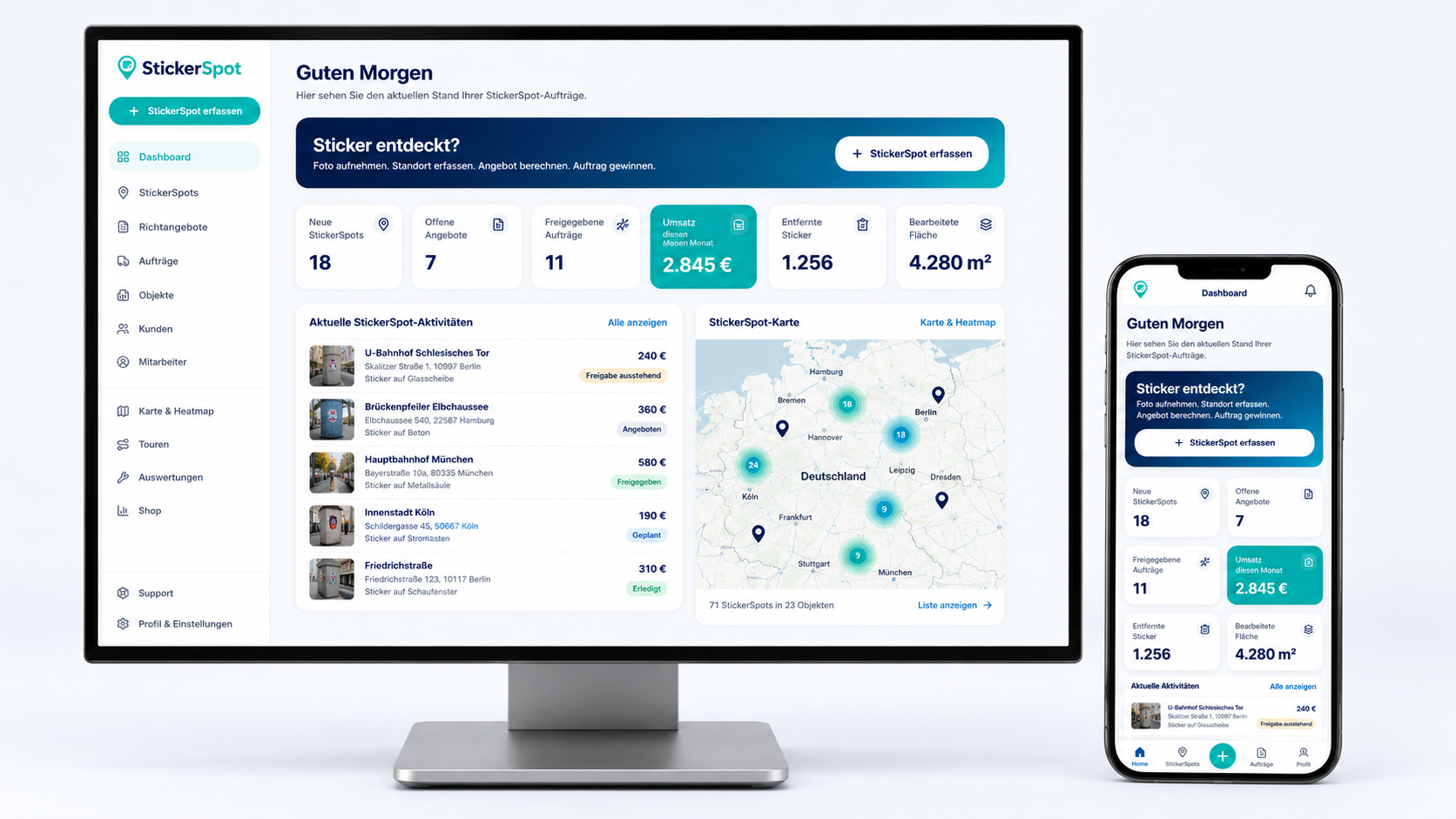 StickerSpot Dashboard – Desktop und Mobile Ansicht mit Karte, Aufträgen und Statistiken