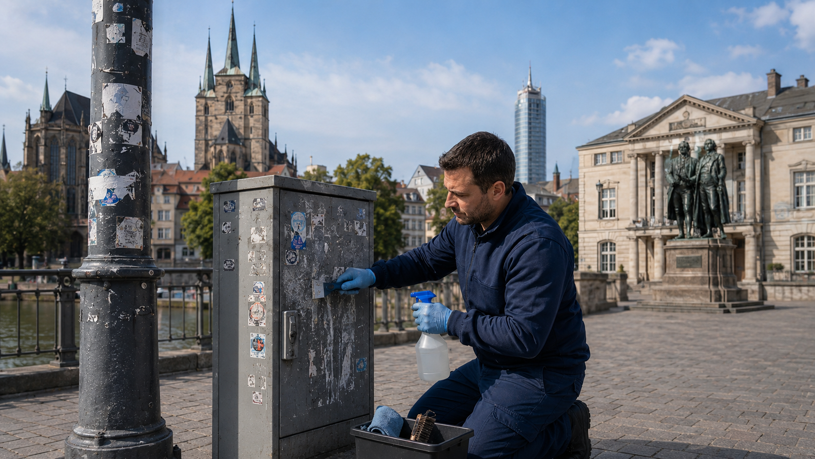 StickerClean Servicepartner bei der Stickerentfernung an einem Schaltschrank im Erfurter Stadtraum