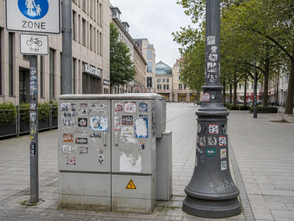 Sticker verschmutzte kommunale Infrastruktur: Schaltschrank, Verkehrszeichen und Laternenmast in einer Fußgängerzone